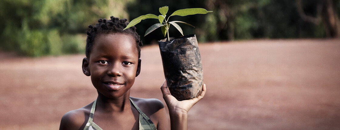 A girl proudly holds a small seedling in her hands