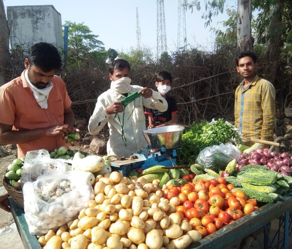 Four men stand behind a market stall with fresh vegetables such as tomatoes, potatoes, garlic and onions